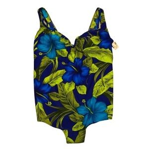 NWT - AVENUE Green & Blue Tropical Floral Modest One-Piece Swimsuit - Size 28